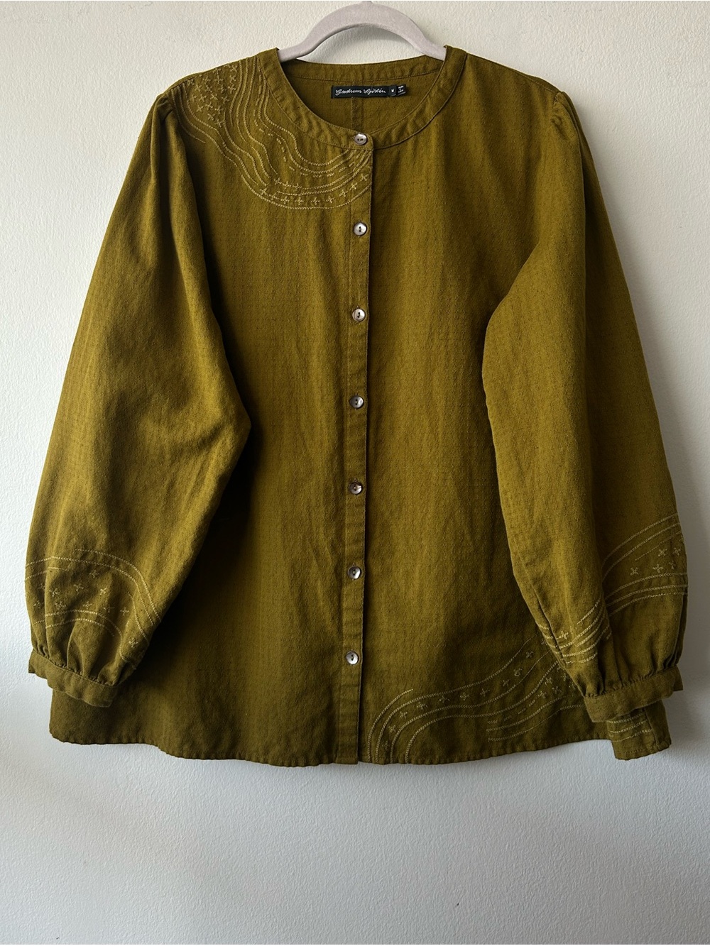 Gudrun Sjödén organic linen button-down blouse in olive/moss green